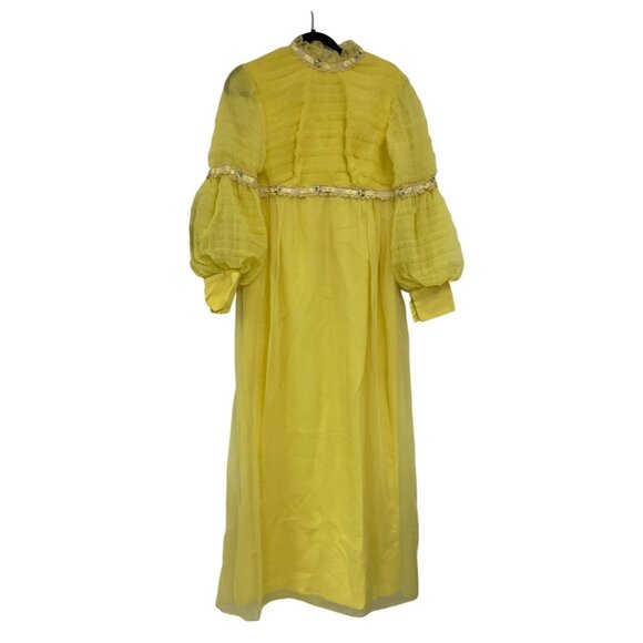 Vintage Womens Shift Dress 11-12 Yellow Ruffled Maxi Bell Sleeve Cottagecore - Picture 1 of 8